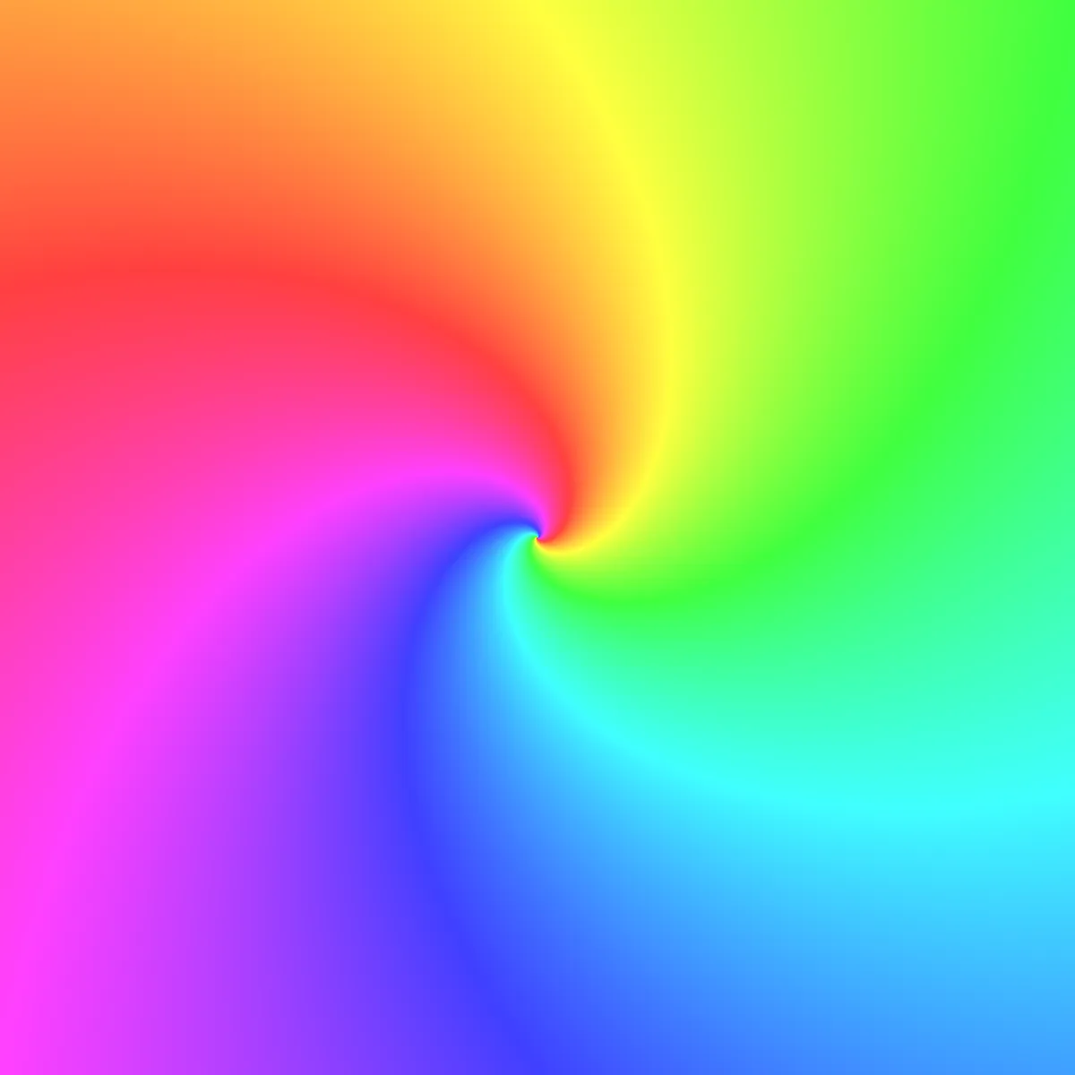 A rainbow-colored photo transformed into a recursive log-spiral